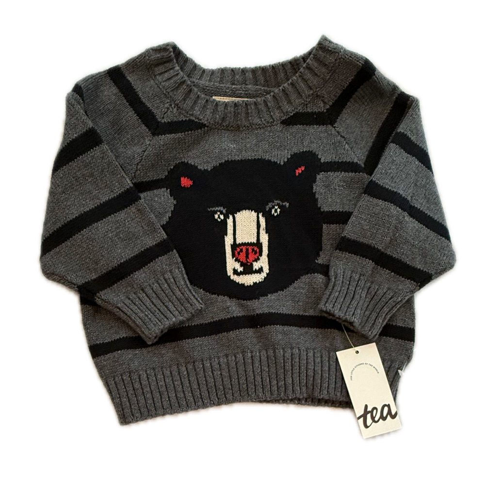Tea Collection Boys Gray Stripe Bear Sweater size: 6-9 Months